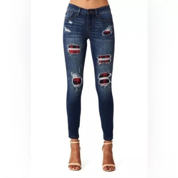 Judy Blue Red Buffalo Plaid Distressed Skinny Fit Jeans Women’s Sz 3/26 JB8268DK - Picture 1 of 16